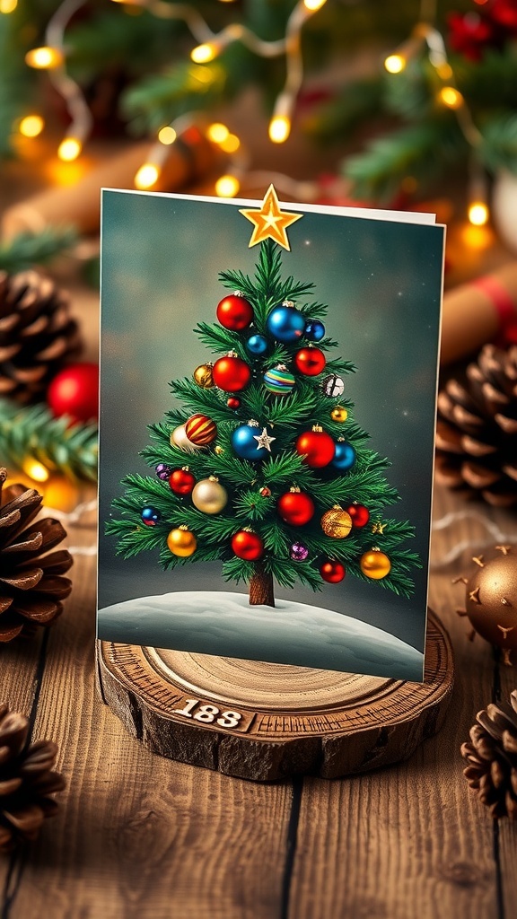 An 8x8 Christmas card with a decorated Christmas tree on a wooden table with holiday decorations.